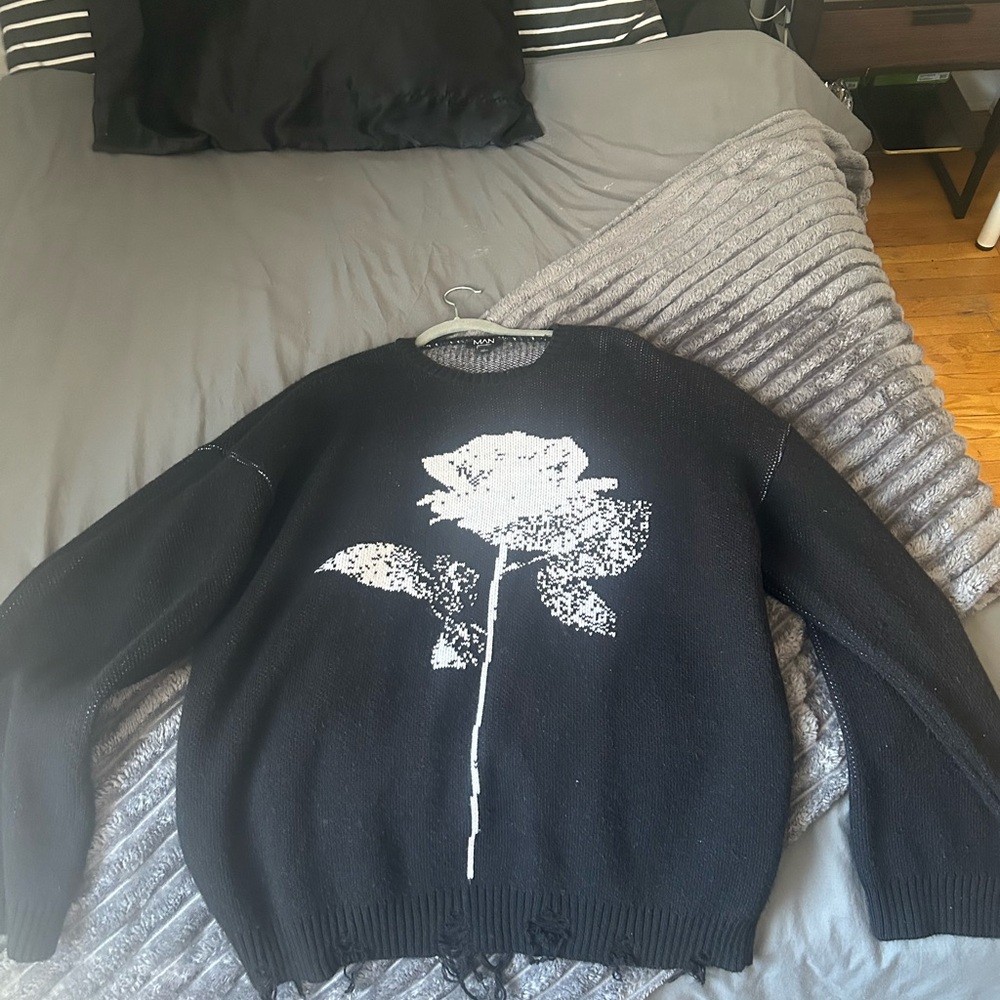 Black Knitted Sweater with White Rose Design